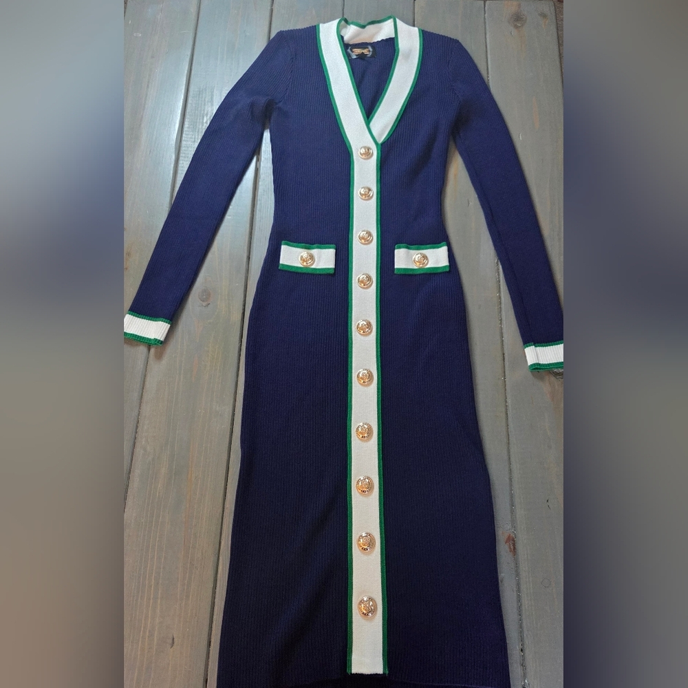 Alexia Admor Navy Ribbed Knit Midi Dress Gold Button Trim Preppy Chic Size M